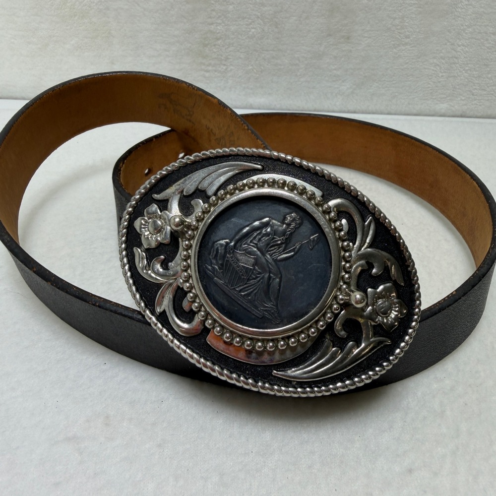 VTG Lady Liberty Black Leather Western Belt Silver Ornate Buckle Womens
